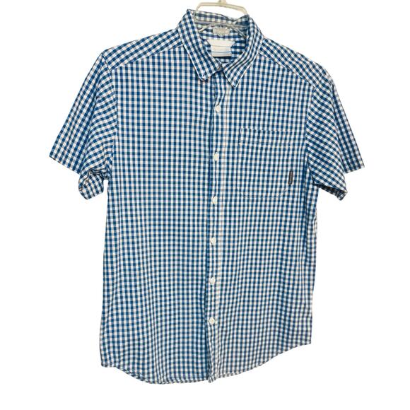 Columbia Men’s Shirt Small Button Up Blue White Gingham Plaid Short Sleeve - Picture 1 of 5
